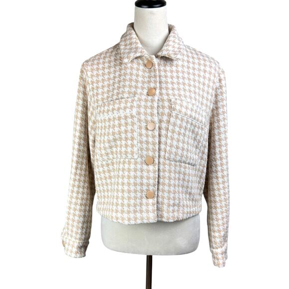 Anthropologie Dolan Tan White Houndstooth Knit Boxy Crop Jacket - Picture 4 of 16